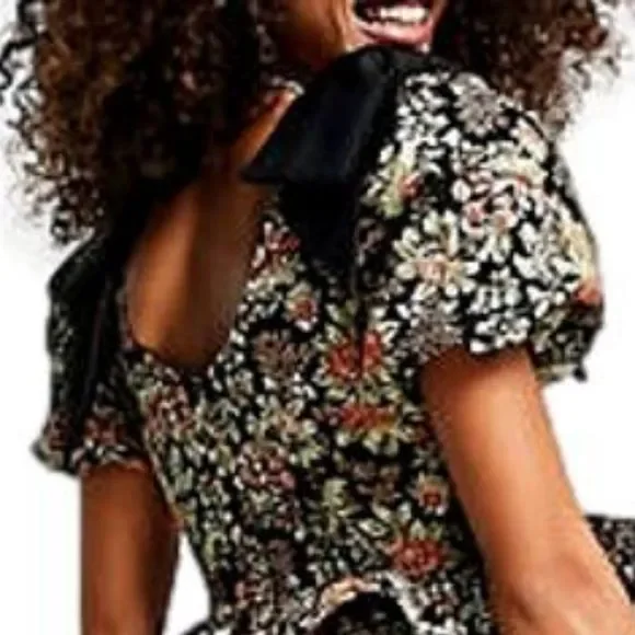 SISTER JANE *Memento Tapestry Mini* ~ Woven Floral ~ Puff Sleeves ~ Size M ~ NEW - Picture 5 of 11